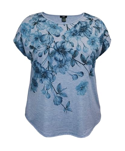 LEEBE Women's Plus Size Crew Neck Dolman Short Sleeve Print Top (1X-5X) (Blue Floral/Lt Blue 1X)