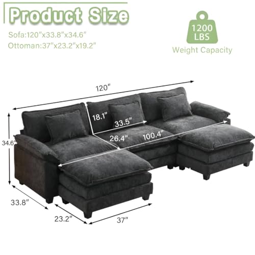 Image of Modern U Shaped Sectional Sofa, Plush Chenille Upholstery, Extra Deep Seats with Throw Pillows for Living Room Office Hotels (Black)