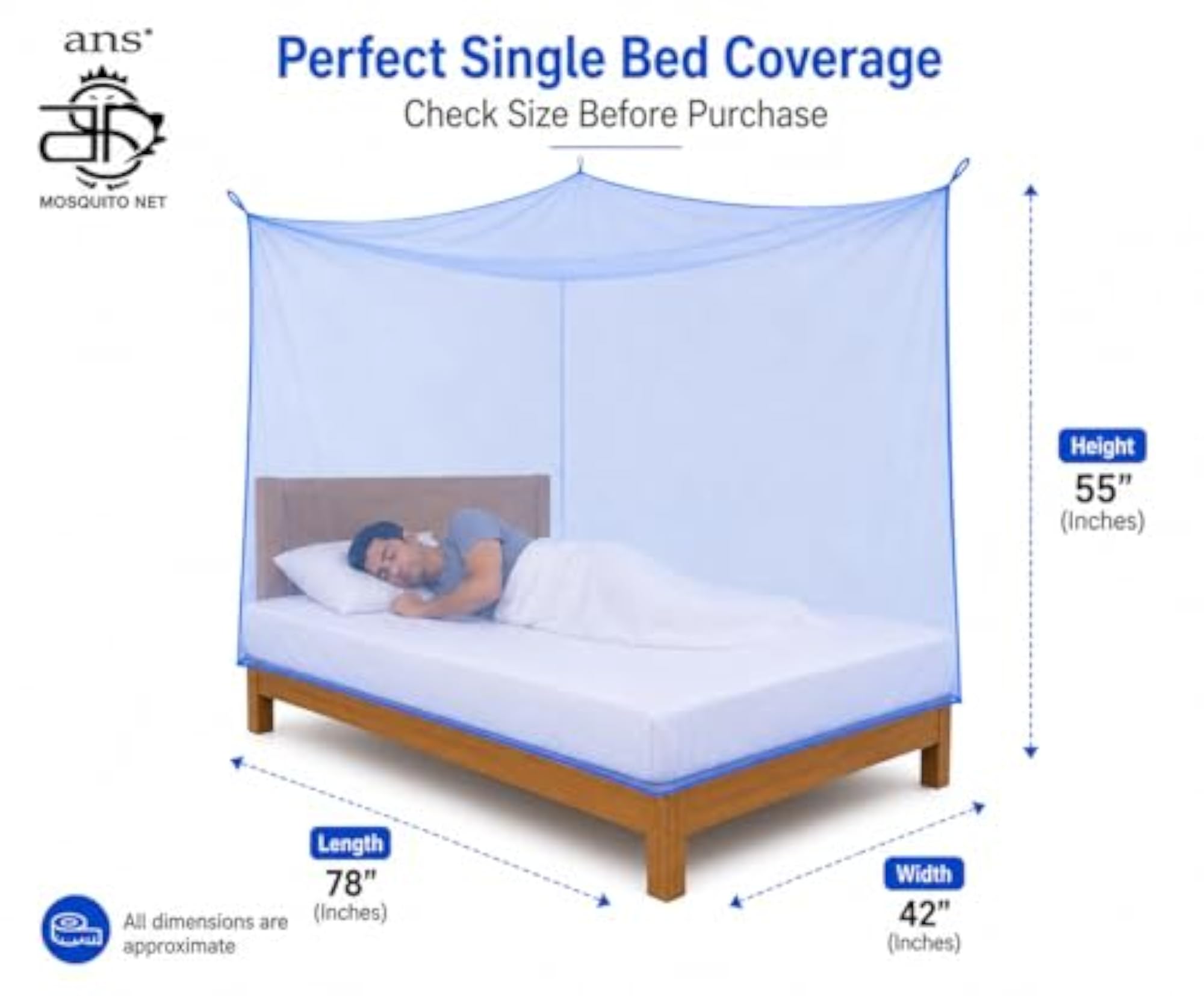 Mosquito Net for Single Bed, Blue HDPE Fine Mesh