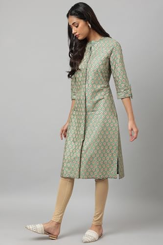 Image of W for Woman Green Glitter Printed Kurta in Mandarin Collar