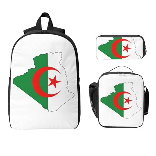Algeria Flag Map print Shoulder Bookbags Lunch Bag and Pen Case 17 inches Backpack with Lunch Box, Cute Bookbag Set2