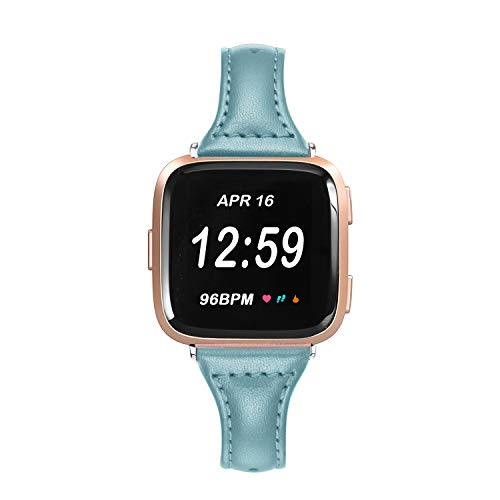 bayite Bands Compatible with Fitbit Versa 2 / Fitbit Versa Lite/Fitbit Versa, Slim Genuine Leather Band Replacement Accessories Strap Versa Women Men (5.3"-7.8") (Teal)