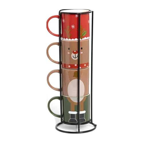 INTRECCI – Set Tazzine Caffè Natalizie Renna in Porcellana con Supporto, 4 Tazze da Caffè Particolari Impilabili, Idea Regalo Elegante per la Tavola di Natale, Design Nordico e Raffinato
