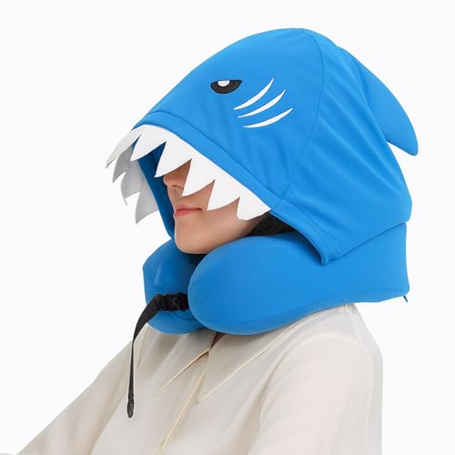 ALLINCOZY Privacy-Friendly Hooded Travel Pillow for Kids & Adults, Sensory-Friendly, Memory Foam Neck Support for Airplane, Car & Train, Breathable Fabric, Portable, Ultimate Comfort Summer Shark