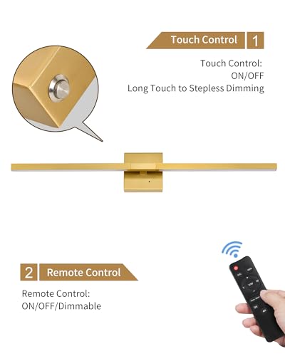 Image of Rayogale Gold Battery Operated Wall Sconce with Remote Control 36 Inch | 3000 /4500 /6000K Dimmable 8000mAh Wireless Rechargeable Wall Sconces Set of Two with Timer for Living Room, Bedroom, TV