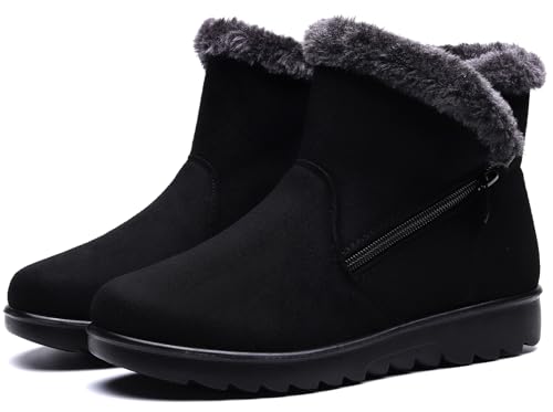 Vunavueya Zapatos Invierno Mujer Botas de Nieve Forradas Calientes Zapatillas Botines Planas Con Cremallera Casuales Boots para Mujer Negro 39 EU/250CN - imagen 6