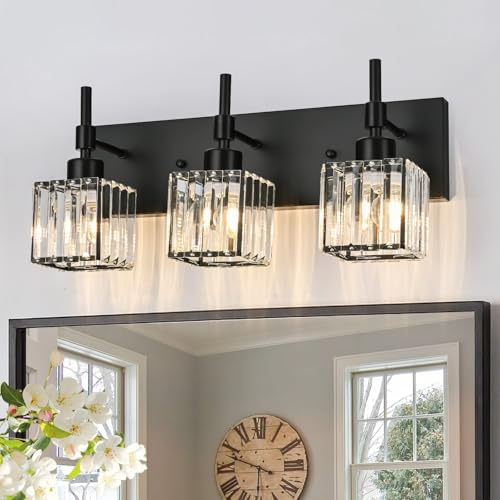 Image of Black Bathroom Vanity Light, 3-Lights Crystal Bathroom Lights Over Mirror, Modern Wall Light Fixtures with Crystal Square Shade