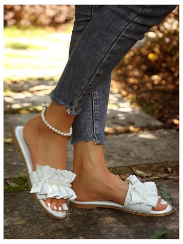 GORGLITTER Women's Rhinestone Pearl Sandals Dressy Ruffle Cute Vacation Weeding Bride Slip on Flat Sandals4