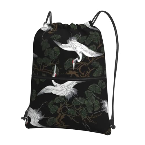 Hingor Mochila con cordón y estampado de grúa japonesa y pino, resistente al agua, para gimnasio, compras, deportes, yoga