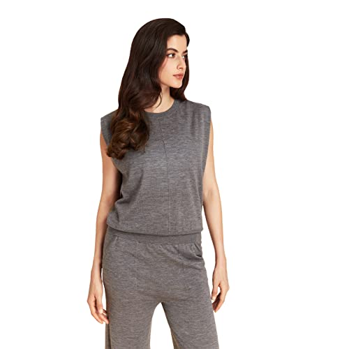 Greenmount Women's Wool Cashmere Casual Set 2 Piece Outfits Crew Neck Sleeveless Tank & High Waist Wide Leg Long Pants With Pockets（Grey，L #TOP1