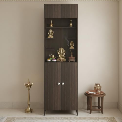 Image of FURNEASER Shivika Wooden Pooja Mandir for Home with Storage Cabinet | Floor Standing Temple with Doors & Shelves | Modern Engineered Wood Mandir for Living Room (Wenge Finish, Large Size)