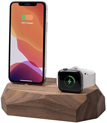 Oakywood Solid Wood Combo Dock Compatible with iPhone and Apple Watch, for 2 Apple Devices, Lightning Cord Lincluded, Wooden Docking Station Stand, Handcrafted, Natural Wood. Hand Polished, Walnut