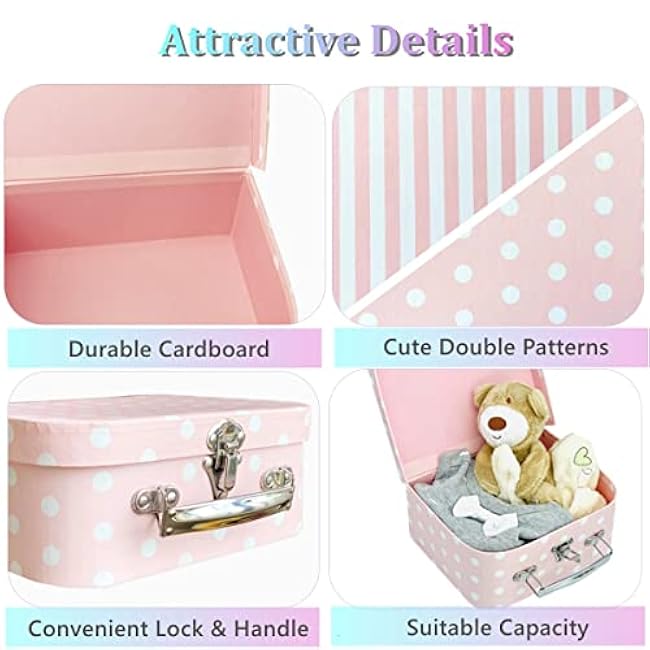 Paperboard Suitcases Set of 3 Decorative Boxes, Compatible with Barbie Storage Organizer, Doll Clothes, Toys, Photos, Accessories, Hat, Cute Storage Gift Boxes for Kids Girls Home Decoration