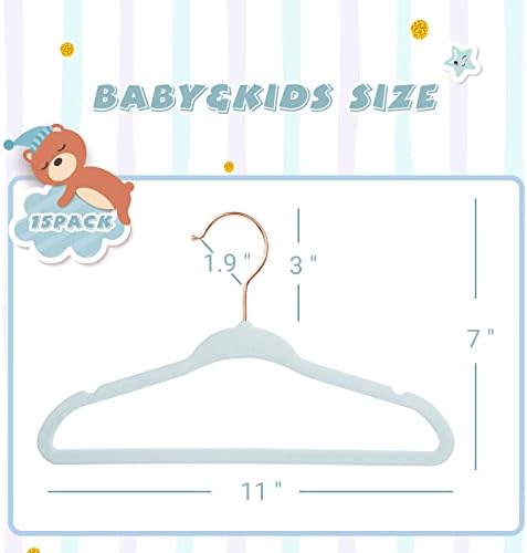 ManGotree Baby Velvet Hangers with Rose Gold Hook, Infant and Toddler Hangers, 28cm No-Slip Children Hangers, Ultra Thin Space Saving, Sturdy & Durable Kids Clothes Hangers 15 Pack(Blue)
