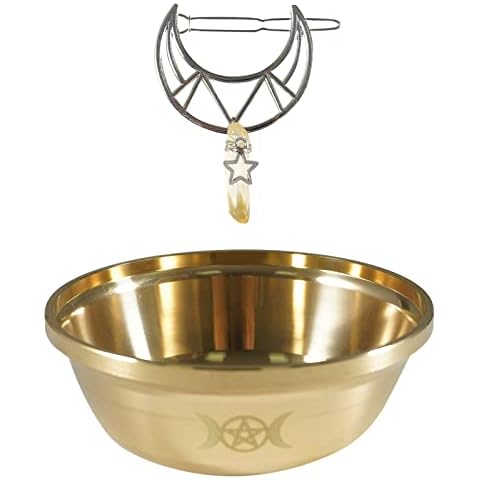 Soulnioi Copper Offering Bowl Pentagram Triple Moon Ornament for Altar Ceremony Ritual Use Decoration and Hollow Moon Citrine Hair Clip with Star Pendant Hair Accessories Cover