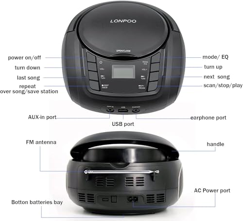 LONPOO CD Player Portable Boombox with FM Radio/USB/Bluetooth/AUX Input and Earphone Jack Output, Stereo Sound Speaker & Audio Player,Black by LONPOO - Image 7