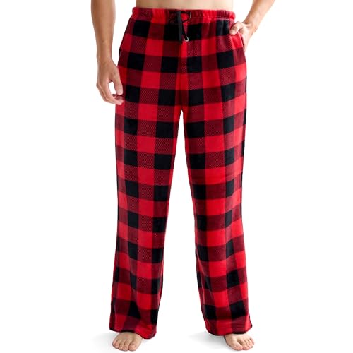 Giggling Getup Mens Pajama Pants Soft Flannel Fleece Pajama Bottoms Sleep & Lounge Pants with Pockets and Drawstring Black and Red Plaid-M