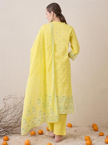 Image of INDO ERA Women's Straight Pure Cotton Ethnic Motifs Printed Kurta & Pant with Dupatta Set (IESTR9770)