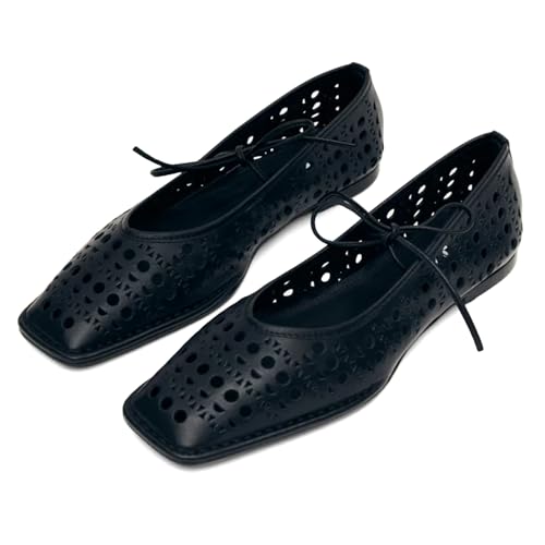 Image of VBDB Black Ballet Flats for Women Square Toe Lace up Wide Width Mary Jane Flats Casual Slip on Ballerina Shoes