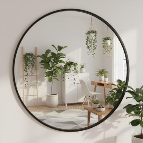 Smartxchoices 24 Inch Round Mirror, Metal Frame Wall Mirror Mounted Black Circle Mirrors, Vanity Mirror Modern Minimalist Wall Décor for Entryway, Bathroom, Washroom, Living Room, Bedroom