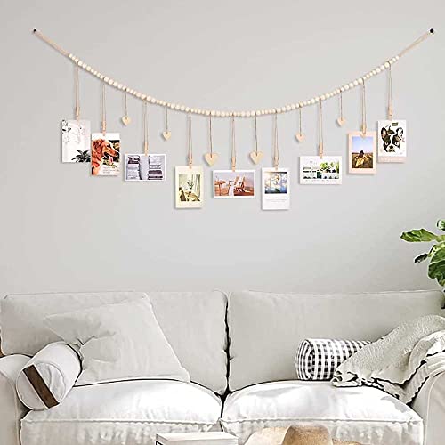 UgyDuky 2Pcs 4.5Ft Wall Hanging Photo Display with 80 Wooden Beads, 9 Photo Clips and 6 Hearts Tags Wood Bead Garland with Clothes Pin Boho Wall Hanging Picture Holder Rustic Photo Wall Decor for Home Office Nursery Room Decoration Supplies by UgyDuky - Image 4