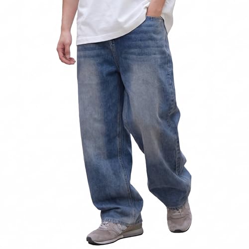 [22 Wear] ジーンズ メンズ ズボン ワイド デニムパンツ ジーパン ゆったり ルーズ ウォッシュ ダメージ (ヴィンテージブルー M） - 22 Wear - 商品画像