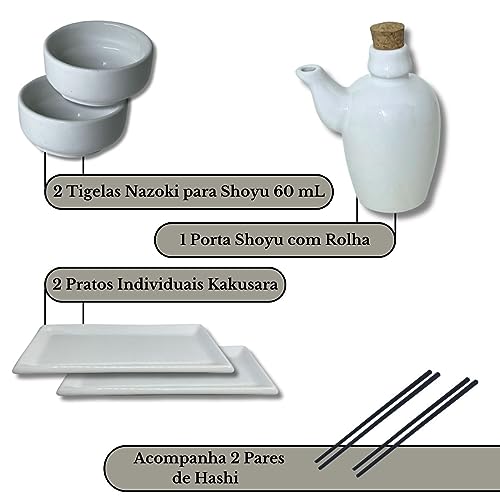 Kit Oriental Para 2 Pessoas Comida Japonesa Branco Porcelana 7 peças Molheira 60mL