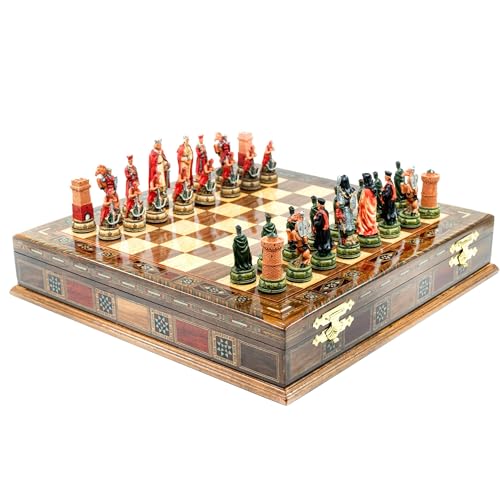 Échiquier de rangement bois massif 36 cm figurines médiévales résine fait main