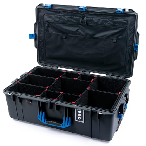 ColorCase Pelican 1595 Case Charcoal - Large Sized Waterproof Case with TrekPak Divider System & Combo Pouch Lid Organizer- Blue Handles & Latches