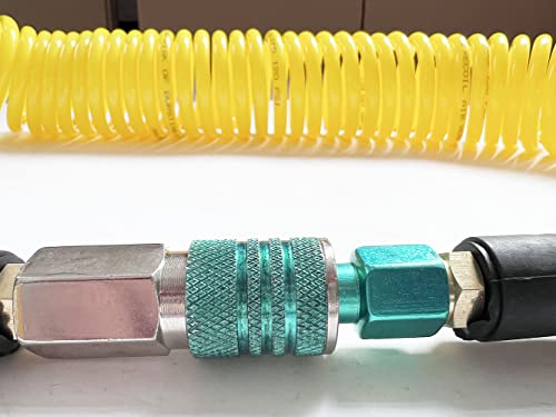 Sanfu (Pu) Polyurethane Recoil Air Hose 1/4”Id X 50Ft With Bend Restrictor,1/4” Industrial Steel Quick Coupler And Plug, Yellow(50’) #TOP4