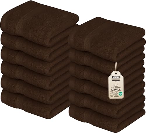 Utopia Towels 12 Pack Premium Wash Cloths Set, 12 by 12 Inches, 100% Cotton Ring Spun, Highly Absorbent and Soft Feel Essential Washcloths for Bathroom, Spa, Gym, and Face, Dark Brown