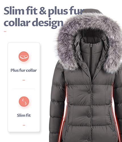 Creatmo Us Woman Puffer Parka Mid-Length Jacket Padded Thicken Long Coat With Fur Hood Grey S #TOP2