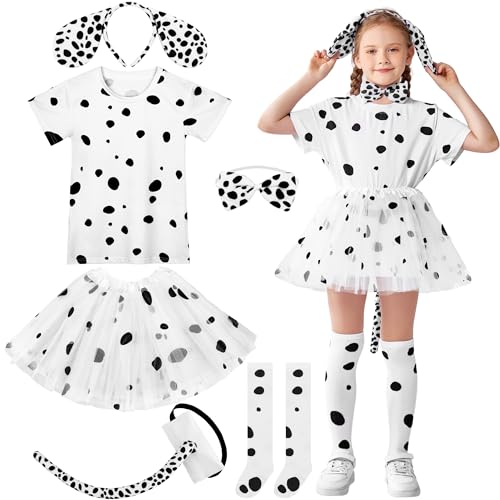 SOMSOC 6 Pieces Girls Dalmatian Costume, Halloween Kids Dog Costume T-Shirt Headband Tail Bow tie Socks Tutu Skirt
