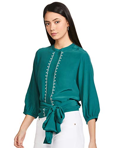 Image of Label RITU KUMAR Round Neck 3 /4 Sleeves Teal Blue Short Top