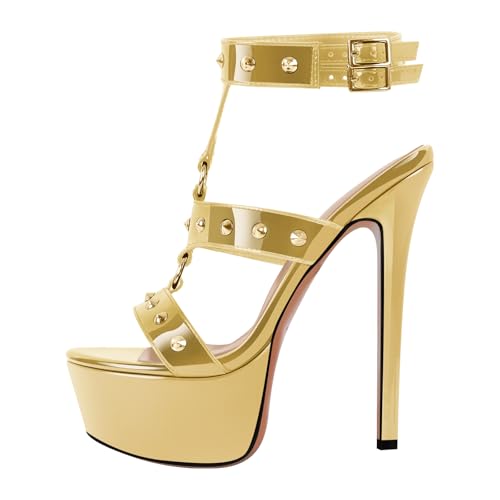 Only maker Open Toe Stiletto Heeled Platform Sandals for Women T-strappy Buckle up Rivet Studded Open-back Summer Sandals Embellished with Grommets Gold Size 6