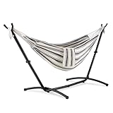 VonHaus Hammock with Stand - Freestanding 2 Person Striped Hammock Seat with Steel Frame - Polycotton Material & Adjustable Frame for Garden - Travel Bag for Beach, Camping & Outdoors - Blue & White