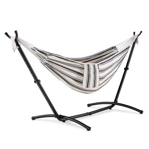VonHaus Hammock with Stand - Freestanding 2 Person Striped Hammock Seat with Steel Frame - Polycotton Material & Adjustable Frame for Garden - Travel Bag for Beach Camping & Outdoors - Blue & White