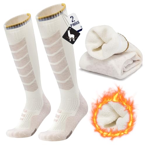 Alpaka Skisocken Herren Damen Thermosocken Kniestrümpfe 2 Paar Wolle Snowboard Socken Dicke Winter Warme Outdoor Sportsocken Kompressionsstrümpfe Extra Kissen Schweißabsorbierend Atmungsaktiv 35-51