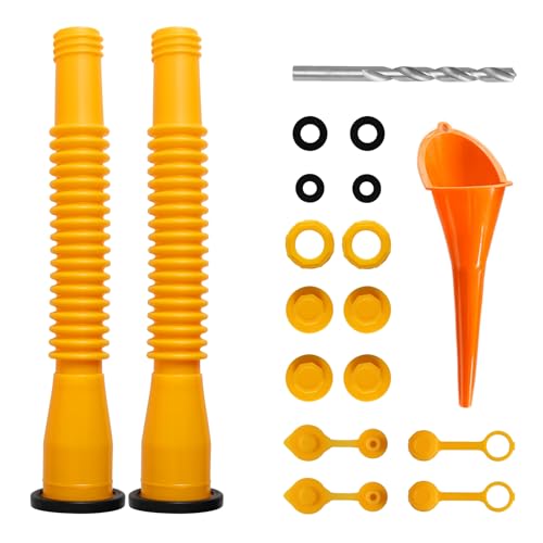TATOODAA Gas Can Spout Replacement 2 Kits+funnel, 1/2/5/10 Gallon Gas Can Nozzle Replacement,with anti-spill flexible nozzle,Thick Rubber pad,Screw Collar Caps, Spout Cover, Base Cap, Drill Bit