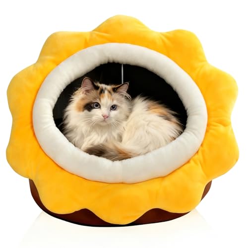 Cat Beds for Indoor Cats - Sun Flower-Shaped Cat Cave Bed with Hanging Toy Super Soft Calming Pet Bed for Kitten&Puppy Small Dog Warm Plush&Machine Washable&Removable Cotton Pad cat Hideaway(Brown L)
