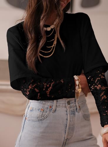 Acelitt Womens Mesh Long Sleeve Tops Crewneck Lace Blouse Shirts,S-XXL2