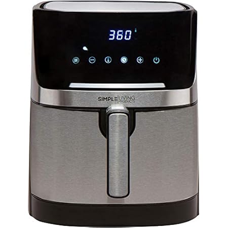 Simple Living 5.8Qt LED Touch Screen Air Fryer, 8 Presets, Preheat, 2 Hour Keep Warm and Memory Control Function, Airfryer Recipe Cookbook, Stainless Steel Fingerprint Resistant Finish