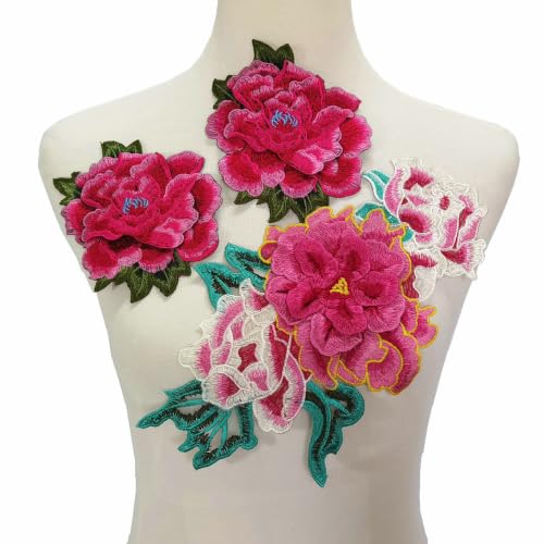 3pcs Flowers Embroidered Patch Sticker for Clothing Jacket Jeans Lace Applique DIY Clothes Decorations Fabric Patches (Hot Pink)