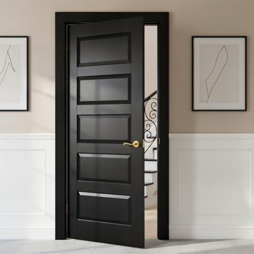 Solid Wood Slab Door, French Interior Door, Baking Paint Process，Waterproof MDF for Bedroom/Storage Room/Bedroom/Closet, Easy to Install (Black, 28inx80in+5-Panel)