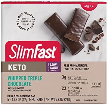 SlimFast Low Carb Meal Replacement Whey Protein Bar, Keto Friendly Chocolate Snacks for Weight Loss with 7g Protein, Whipped Triple Chocolate, 5 Count Box (Packaging May Vary)
