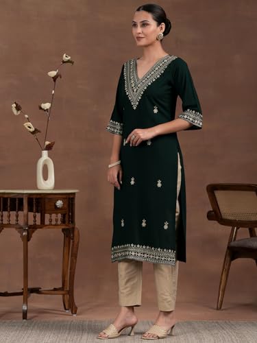 Image of Libas Womens Embroidered Viscose Straight Kurta for Women | Ethnic wear | Bridal Suit | Wedding Dress | Occasion wear