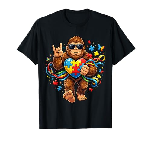 Bigfoot Rock Hand Autism Awareness Puzzle Heart Ribbon T-Shirt