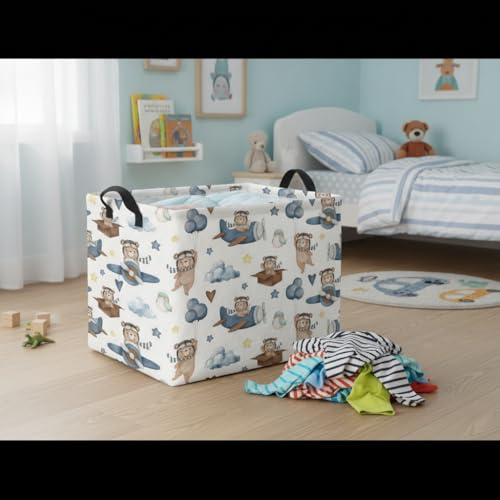 Image of Rectangular Kids Basket Baby Girl Basket Fabric Storage Bin Organizer Box Room Decor(Bear Pilot)