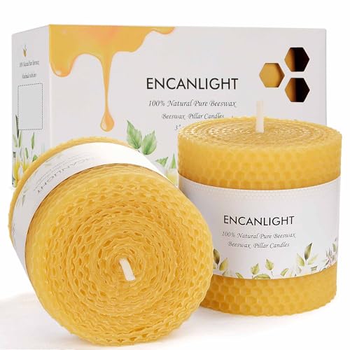 Beeswax Pillar Candles, 3x3 in Hand-Rolled Honeycomb Candle 2 Pack - Dripless and Smokeless, Approx 9 Hours Burn Time for Home Decor Party Wedding Dinner