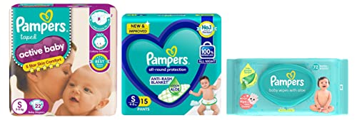 Image of Pampers Active Baby Taped Diapers, Small size diapers, (S) 22 count & Pampers Baby Aloe Wipes with Lid, 72 Wipes & Pampers All round Protection Pants, Small size baby Diapers, (S) 16 Count Lotion